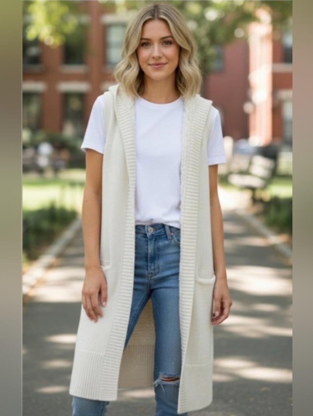 GAP Cream Sleeveless Hooded Knit Long Vest